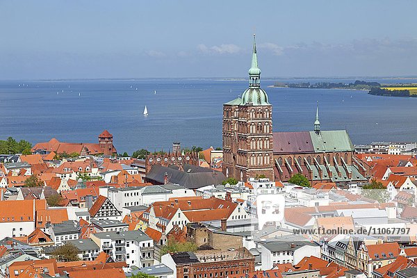 Aussicht vom Turm der Marienkirche auf Stadt mit Nikolaikirche  Stralsund  Mecklenburg-Vorpommern  Deutschland  Europa