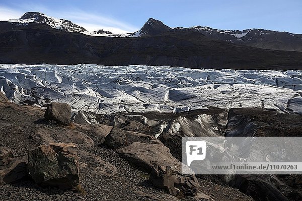 Gletscherzunge  Gletschereis mit Spuren von Vulkanasche  Gletscher Svínafellsjökull  bei Skaftafell  Südisland  Island  Europa