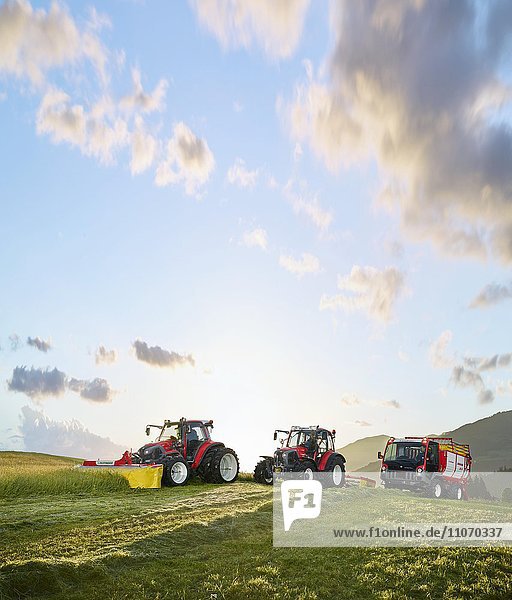 Three vehicles  two tractors and a transporter mowing meadows  Hopfgarten  Brixental  Tyrol  Austria  Europe