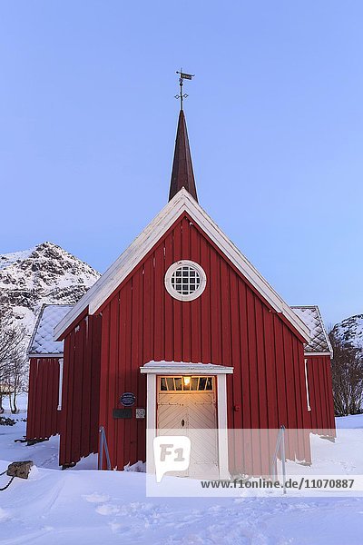 Church in snow  Flakstad  Lofoten  Nordland  Norway  Europe
