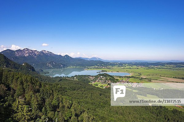 Ausblick vom Zwiesel Schrofen auf Kochelsee und Kochel am See  hinten Herzogstand  Oberbayern  Bayern  Deutschland  Europa