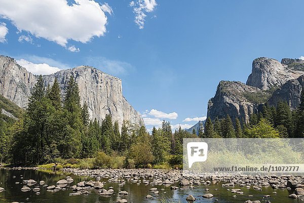 Valley view mit Blick zum El Capitan mit Fluss Merced river  Yosemite-Nationalpark  Kalifornien  USA  Nordamerika