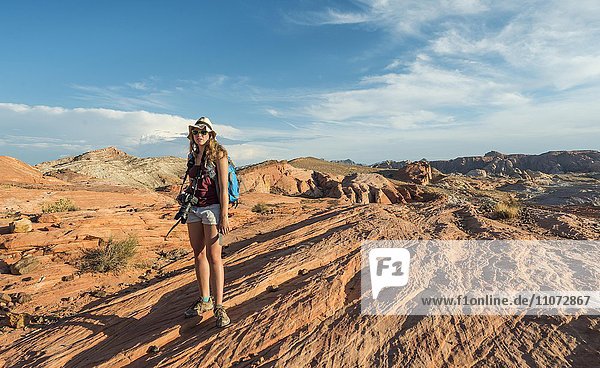 Woman hiking in the Valley of Fire State Park  Nevada  USA  North America