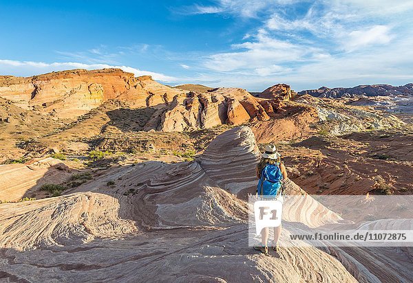 Touristin Wanderin an der Fire Wave Sandsteinformation dahinter Felsformation Sleeping Lizard Valley of Fire State Park Nevada USA Nordamerika