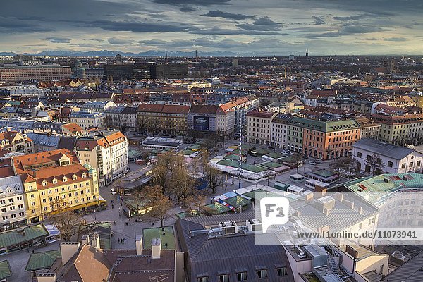 View of Viktualienmarkt and historic centre  downtown  the Alps behind  Munich  Upper Bavaria  Bavaria  Germany  Europe