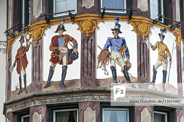 Lüftlmalerei mural of various post riders at the bay window of the Hotel and Gasthof Zur Alten Post  Wallgau  Werdenfels  Upper Bavaria  Bavaria  Germany  Europe