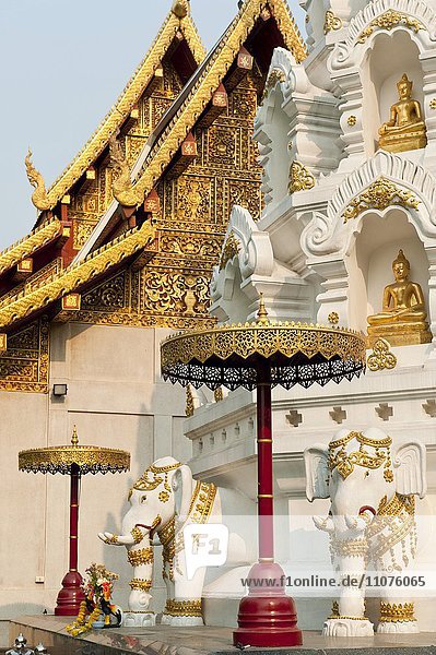 Elefanten und Buddha-Statuen am Chedi oder Stupa  Tempel Wat Klang Wiang  Chiang Rai  Chiang Rai Provinz  Nordthailand  Thailand  Asien