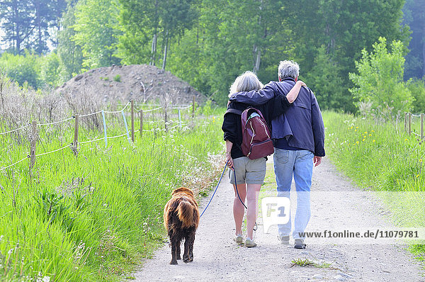 Älteres Paar mit Hund auf dem Fußweg