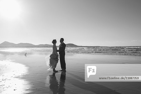 Seitenansicht der Braut und des Bräutigams am Strand