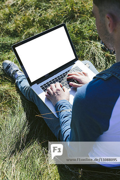 Young man sitting on a meadow using laptop