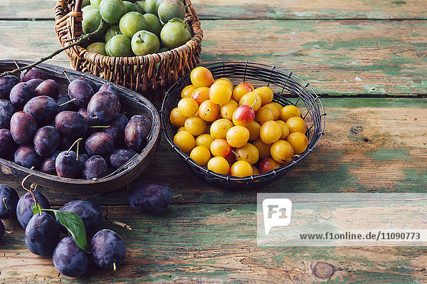 Baskets of plums  mirabelles and greengages on wood