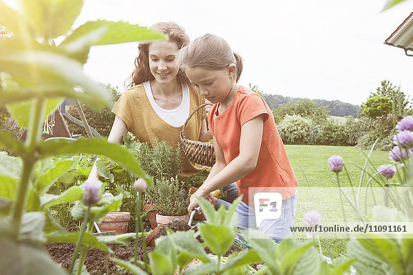 Smiling mother and daughter in garden planting