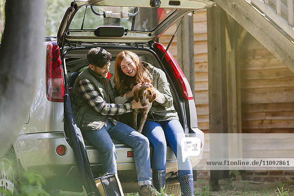 Couple petting dog at back of car outside sunny cabin