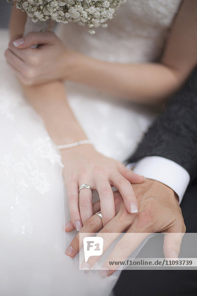 Mittelschnittansicht eines Brautpaares  das seinen Ehering zeigt