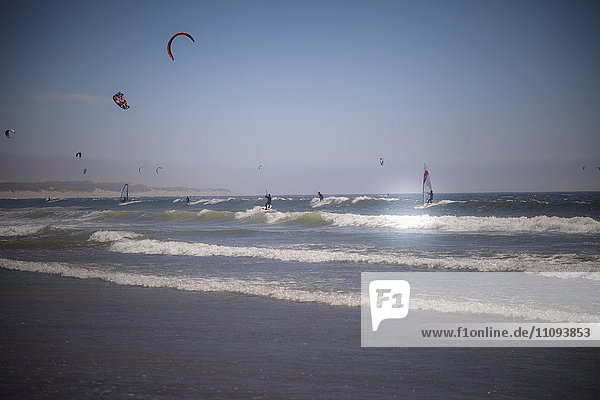 Kite surfers surfing kiteboarding in the sea