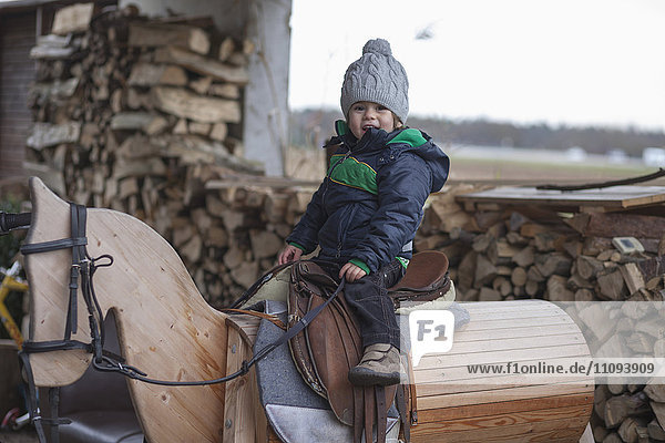 Small boy playing on wooden horse