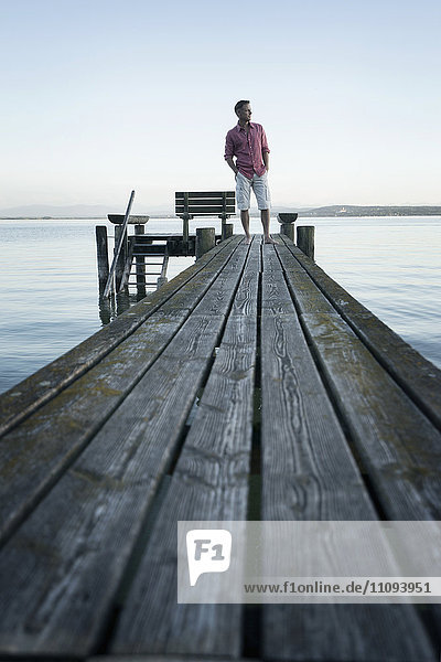 Mature man standing on wooden jetty and looking at distance  Bavaria  Germany