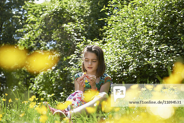 Mädchen macht Blumenkranz im Park  München  Bayern  Deutschland