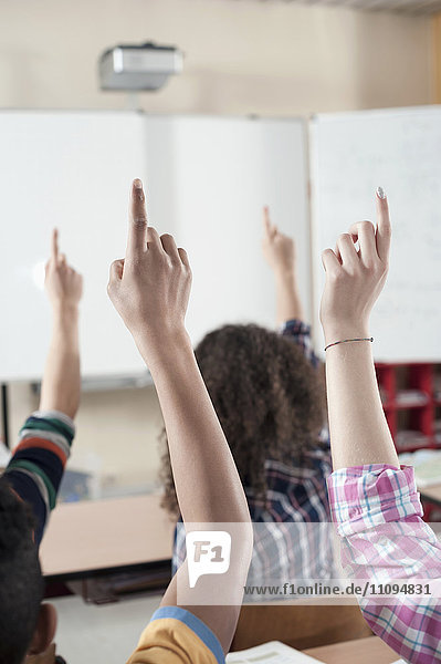 Universitätsstudenten heben ihre Hände im Klassenzimmer  Bayern  Deutschland