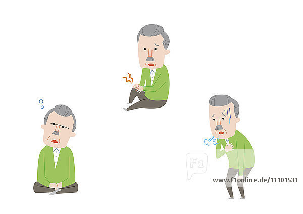 Illustration eines älteren Mannes mit Tagträumen  Gelenkschmerzen und Atembeschwerden