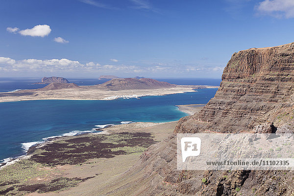 View from Famara Mountains to La Graciosa Island Lanzarote Canary Islands Spain Atlantic Europe