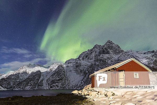 Nordlicht (Aurora Borealis) beleuchtet schneebedeckte Gipfel und die Holzhütte in einer sternenklaren Nacht in Budalen  Svolvaer  Lofoten  Arktis  Norwegen  Skandinavien  Europa