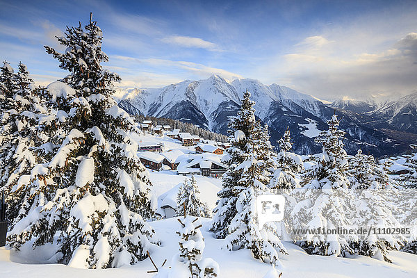 Snowy woods and mountain huts framed by the winter sunset  Bettmeralp  district of Raron  canton of Valais  Switzerland  Europe