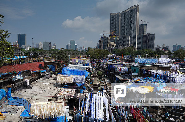 Slum-Waschghats umgeben von teuren Wohnanlagen  Mumbai (Bombay)  Maharashtra  Indien  Asien
