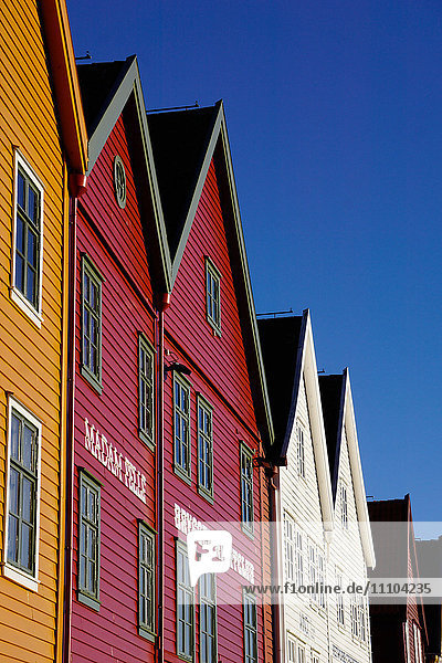 Traditional wooden Hanseatic merchants buildings of the Bryggen  UNESCO World Heritage Site  Bergen  Hordaland  Norway  Scandinavia  Europe