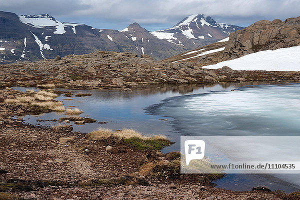 Eisschmelze auf einem Bergpass  Strandir  Westfjorde  Island  Polarregionen