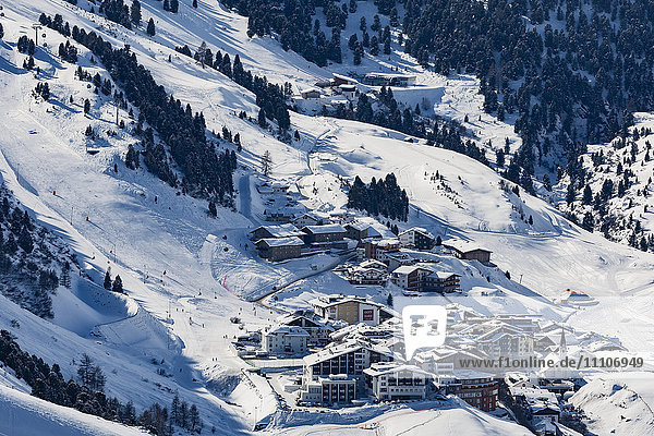 The Austrian skiing village of Obergurgl covered in winter snow at the end of the Otztal valley  Tyrol  Austria  Europe
