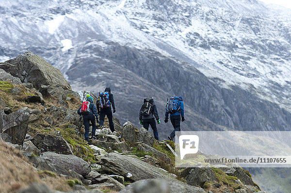 Hikers set off from Pen Y Pass in winter to climb Mount Snowdon in Snowdonia National Park  Gwynedd  Wales  United Kingdom  Europe