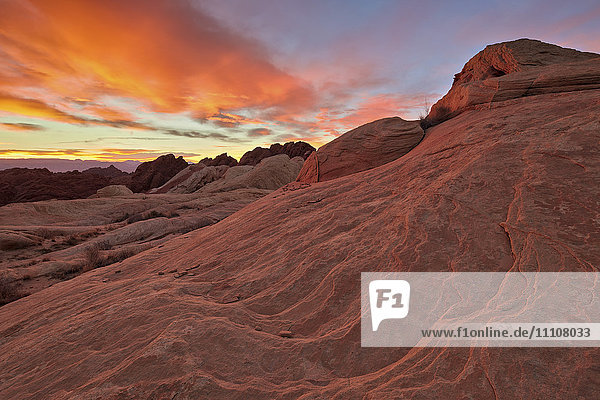 Leuchtend orange Wolken bei Sonnenaufgang über Sandstein  Valley Of Fire State Park  Nevada  Vereinigte Staaten von Amerika  Nordamerika