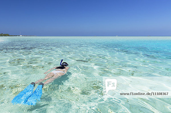 Woman snorkelling in lagoon  Rasdhoo Island  Northern Ari Atoll  Maldives  Indian Ocean  Asia