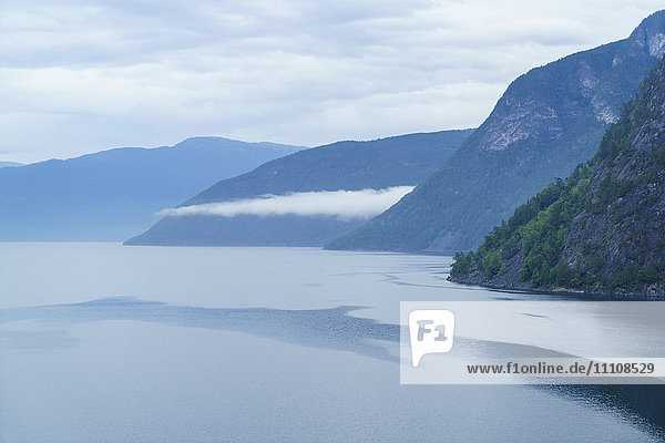 Aurlandsfjord  ein Seitenarm des Sognefjords in der Nähe der kleinen Stadt Flam  Norwegen  Skandinavien  Europa