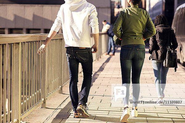 Rear view of friends walking on bridge by railing in city
