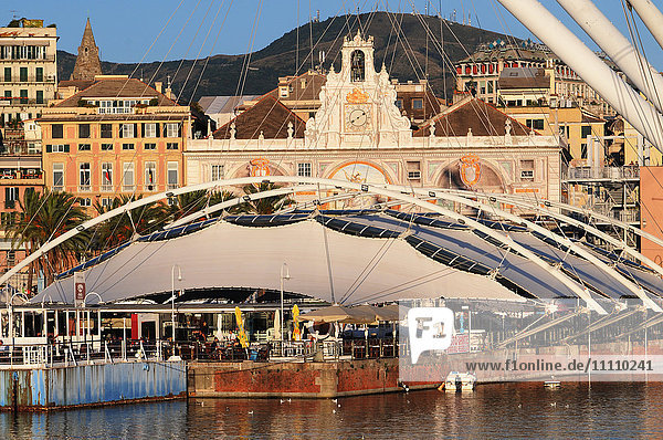 Porto Antico with Bigo designed by Renzo Piano  Genoa  Liguria  Italy  Europe