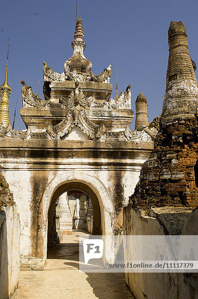 Ruins at Paya Shwe Inn Thein Buddhist temple at Inthein village on banks of Inle Lake  Burma  Myanmar.
