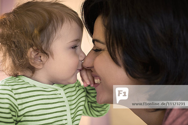 Hispanische Mutter und Kleinkind berühren ihre Nasen