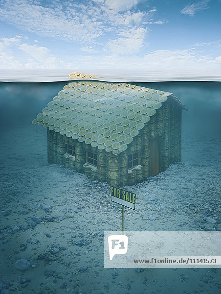 Illustration eines zu verkaufenden Hauses unter Wasser