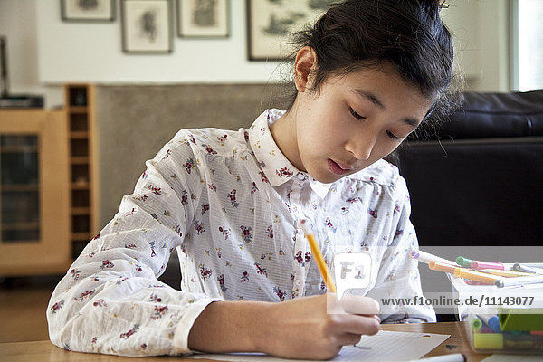 Close up of Asian teenage girl doing homework