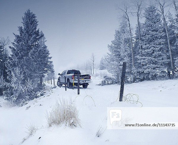 Lastwagen in verschneiter Landschaft