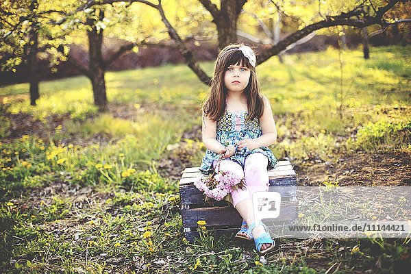 Mädchen sitzt auf Kiste im Obstgarten