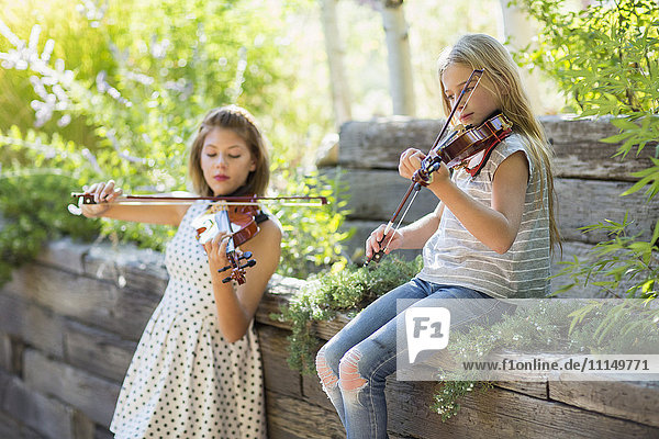 Musicians playing violins outdoors