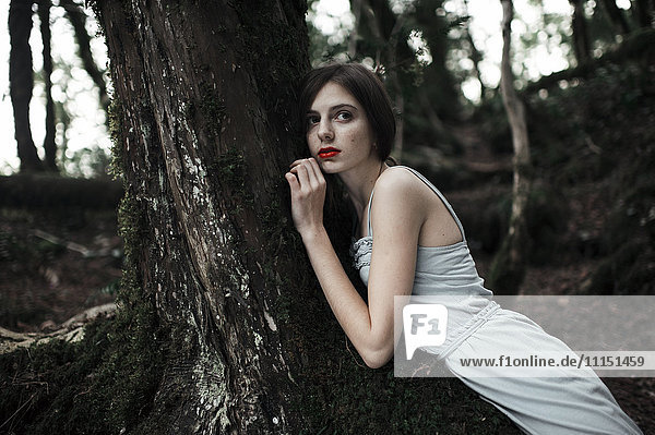 Kaukasische Frau lehnt an einem Baum im Wald