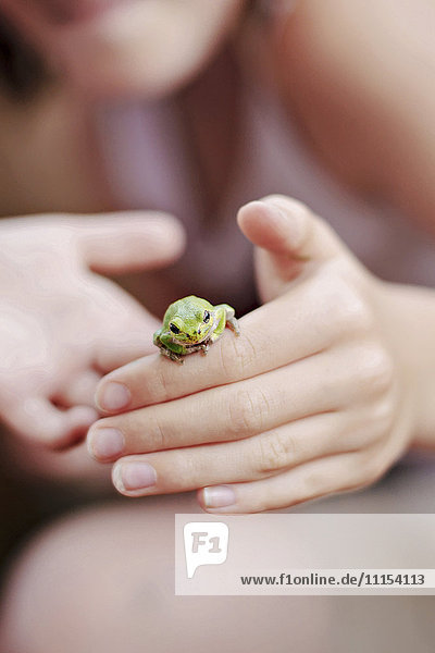 Caucasian girl playing with frog