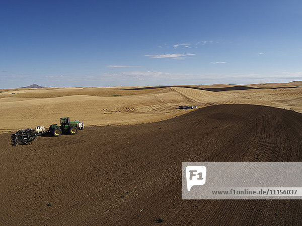 USA  Washington State  Palouse hills  wheat field and tractor