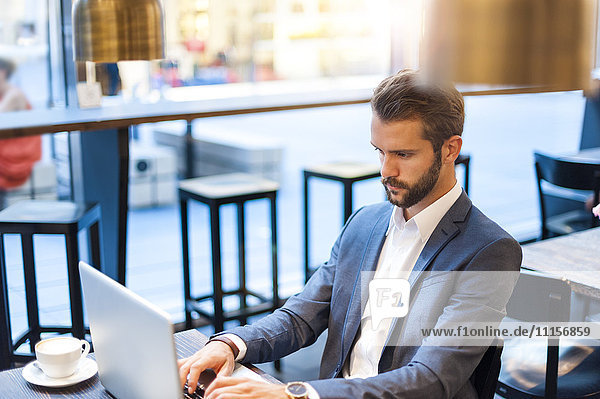 Businessman using laptop in a cafe