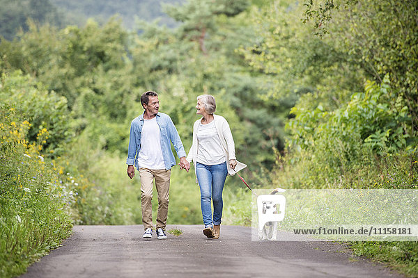 Happy senior couple on a walk with dog in nature