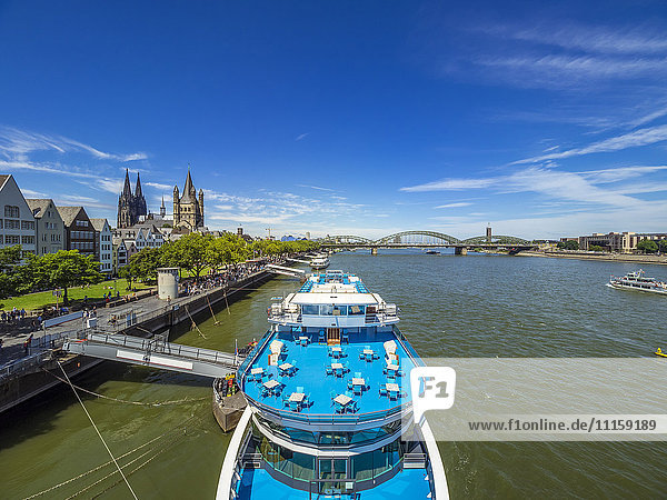 Germany  Cologne  panorma view view with tourboat on Rhine River in the foreground